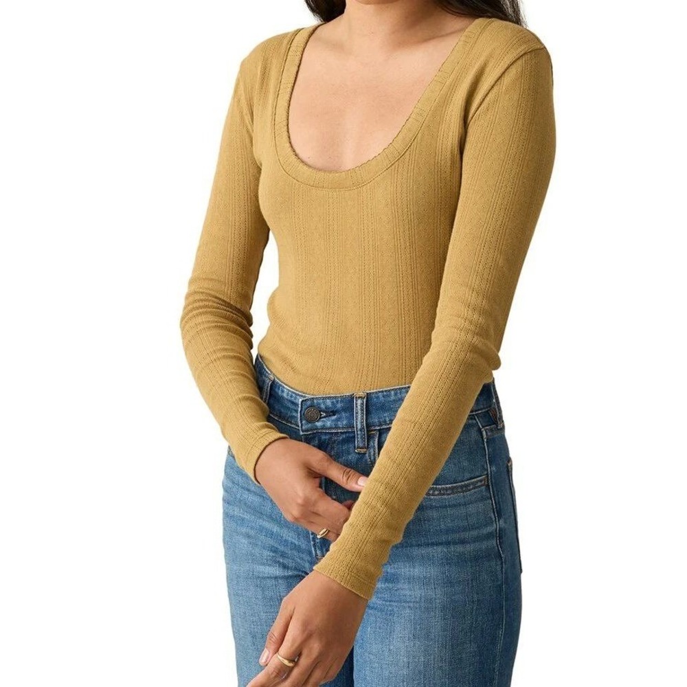Faherty Pointelle Scoop Neck Top Women Large Mustard Brown Long Sleeve Ribbed